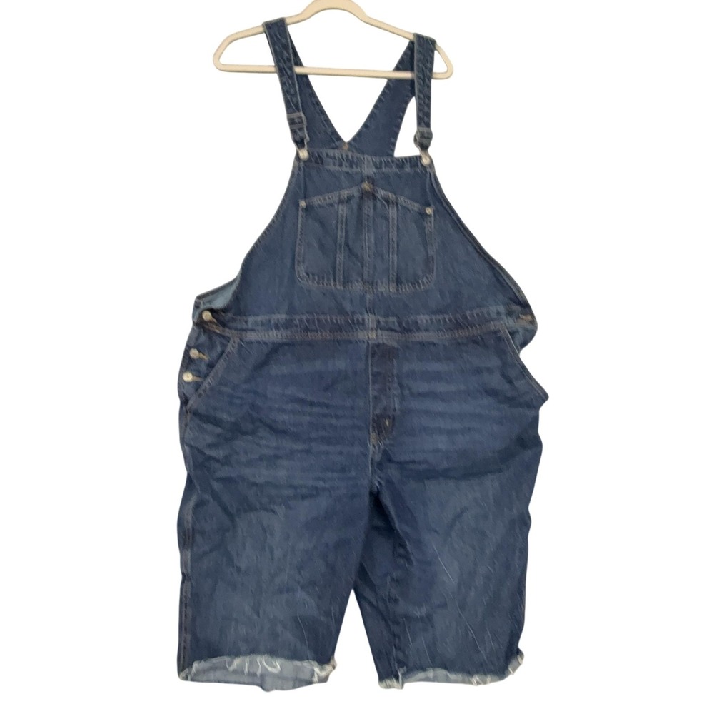Old Navy Overalls Shorts Womens 24 Blue Denim Raw Hem Pockets Relaxed Casual